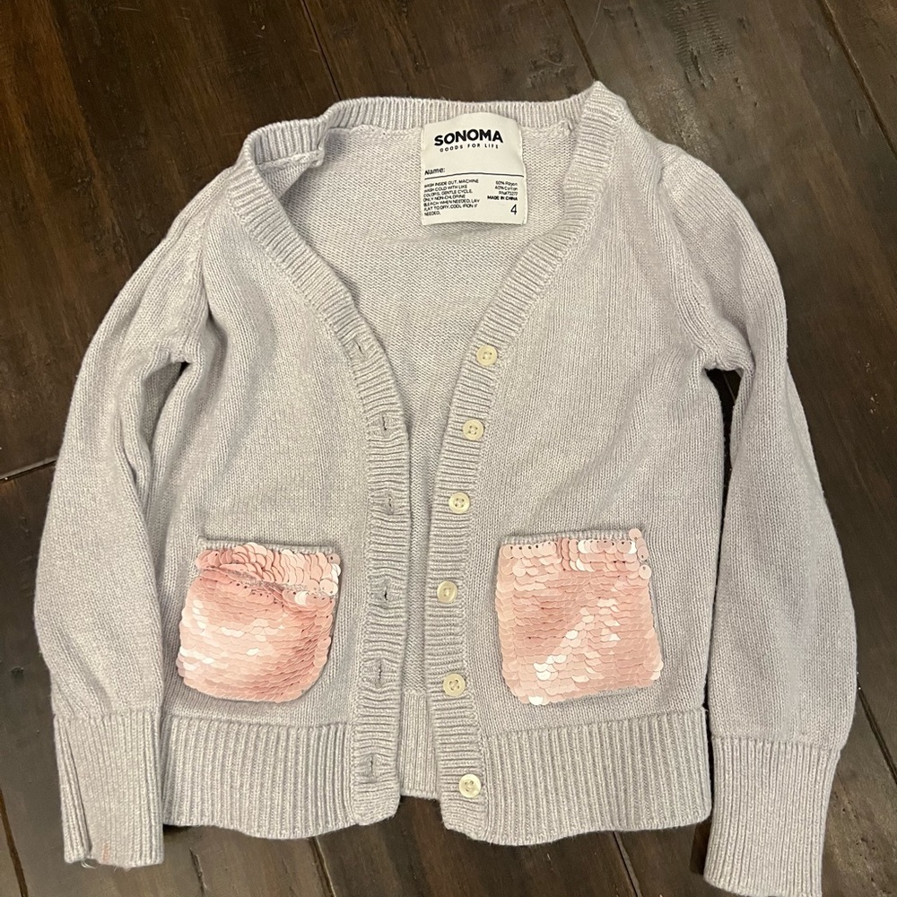 Girls Gray Cardigan with Pink Sequin Pockets
